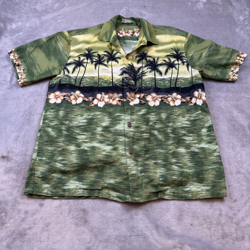 Winnie Fashion‎ Hawaiian Aloha Shirt Mens Large Palm Tree Hibiscus Green